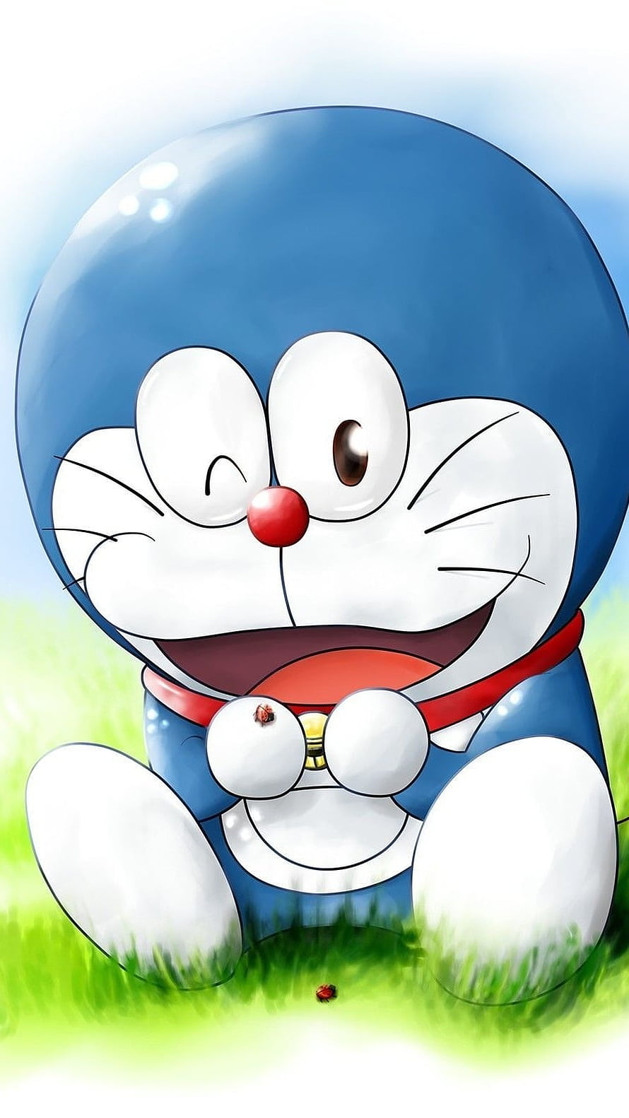 Doraemon Winking and Laughing in a Sunny Green Garden HD phone wallpaper