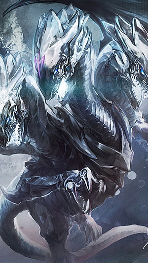 Blue-Eyes White Dragon from Yu-Gi-Oh! in a dramatic dark fantasy digital painting HD phone wallpaper