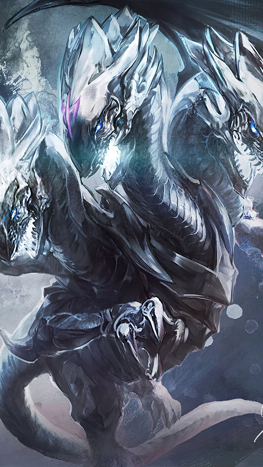 Blue-Eyes White Dragon from Yu-Gi-Oh! in a dramatic dark fantasy digital painting HD phone wallpaper