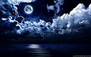 Full Moon Illuminating Dramatic Night Sky Over Calm Ocean Waters HD wallpaper