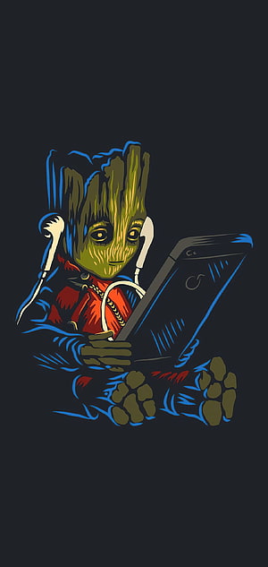 Baby Groot Listening to Music on a Tablet with Earphones in Stylized Illustration HD phone wallpaper