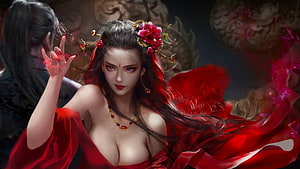 Elegant Fantasy Woman in Flowing Red Dress with Floral Hair Ornaments and Mystical Energy, The Spell, spell, digital, art, fantasy, red, , girl, woman, beautiful HD wallpaper