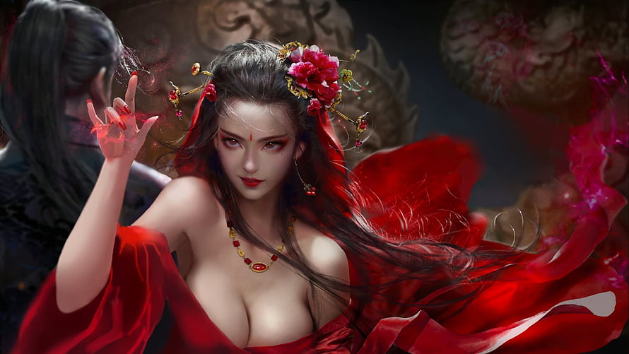 Elegant Fantasy Woman in Flowing Red Dress with Floral Hair Ornaments and Mystical Energy, The Spell, spell, digital, art, fantasy, red, , girl, woman, beautiful HD wallpaper
