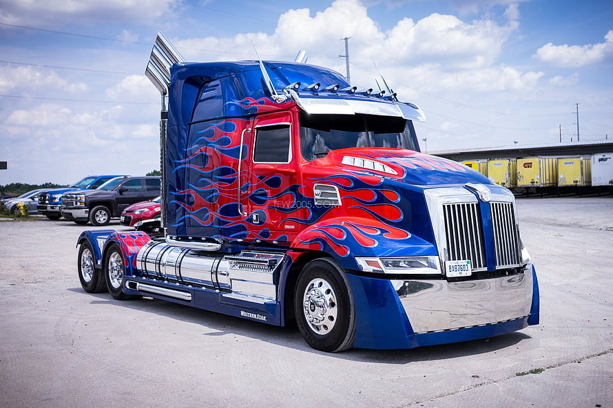 Custom Painted Western Star Semi Truck With Red And Blue Flame Design HD wallpaper
