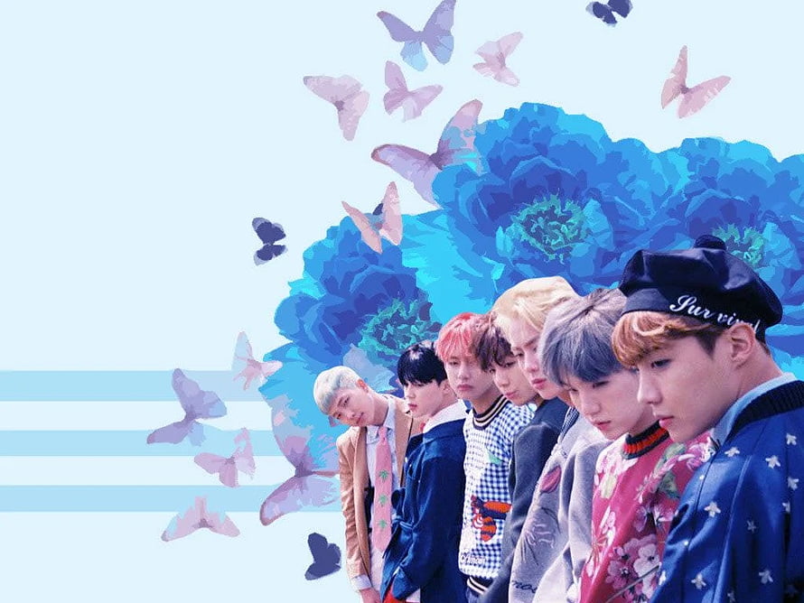 BTS Members in Colorful Outfits Against Blue Floral and Butterfly Background HD wallpaper