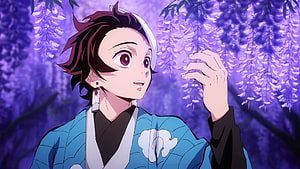 Tanjiro Kamado Reaching for Wisteria Blossoms in Demon Slayer Anime Scene HD wallpaper