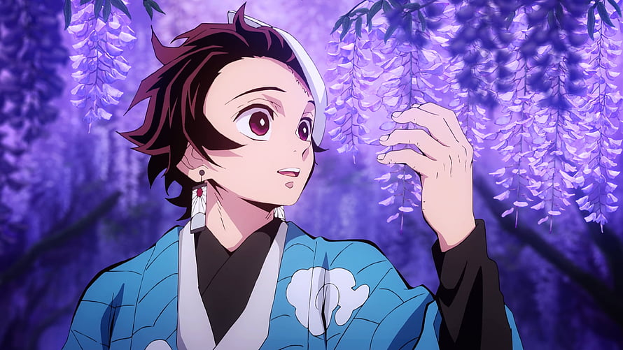 Tanjiro Kamado Reaching for Wisteria Blossoms in Demon Slayer Anime Scene HD wallpaper
