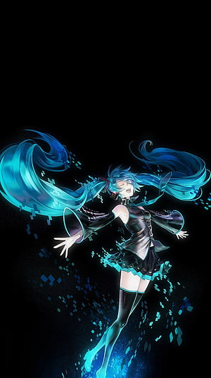 Hatsune Miku Digital Performance Artwork with Glowing Blue Twin Tails and Pixel Effects HD phone wallpaper