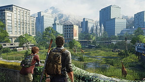 The Last of Us: Joel and Ellie Surveying a Reclaimed City with Giraffes HD wallpaper