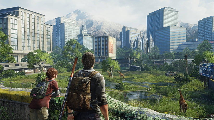 The Last of Us: Joel and Ellie Surveying a Reclaimed City with Giraffes HD wallpaper