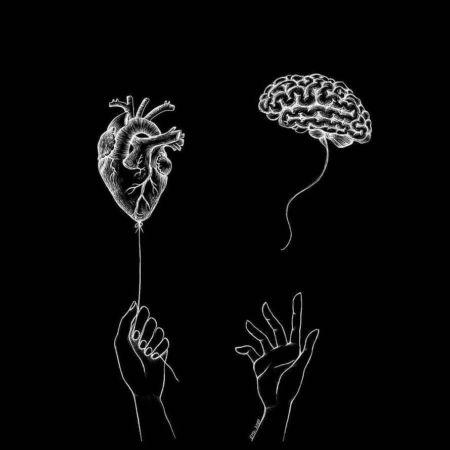 Heart and Brain Line Art Illustration on Black Background HD phone wallpaper