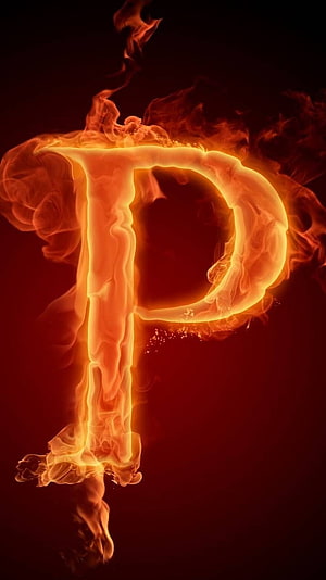 Blazing Letter P Rendered in Vivid Orange Flames Against a Dark Background HD phone wallpaper