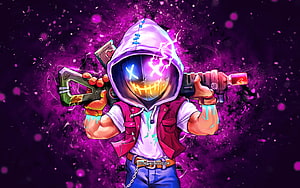 Wade from Neon Abyss in a purple hoodie holding a glowing weapon against a vibrant magenta background HD wallpaper