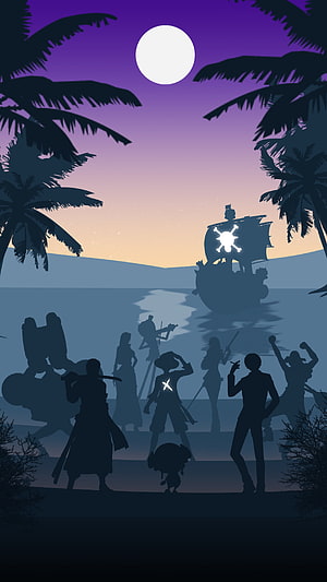 One Piece Straw Hat Crew Silhouette on Tropical Shore at Dusk with Jolly Roger Ship HD phone wallpaper