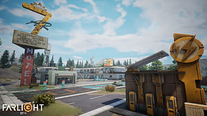Farlight 84 Retro Motel and Gas Station Scene with Vintage Signage and Sunny Sky HD wallpaper