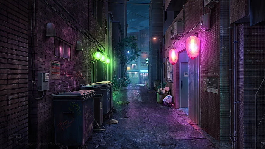 Neon-lit urban alleyway at night with glowing lanterns and trash bins in a cyberpunk anime style HD wallpaper