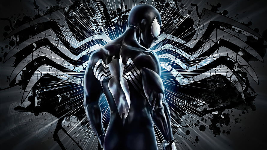 Symbiote Spider-Man in Black Suit with Silver Web Emblem and Dramatic Ink Splatter Background HD wallpaper