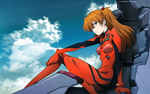 Asuka Langley Soryu in red plugsuit seated against a mecha unit under a bright blue sky HD wallpaper