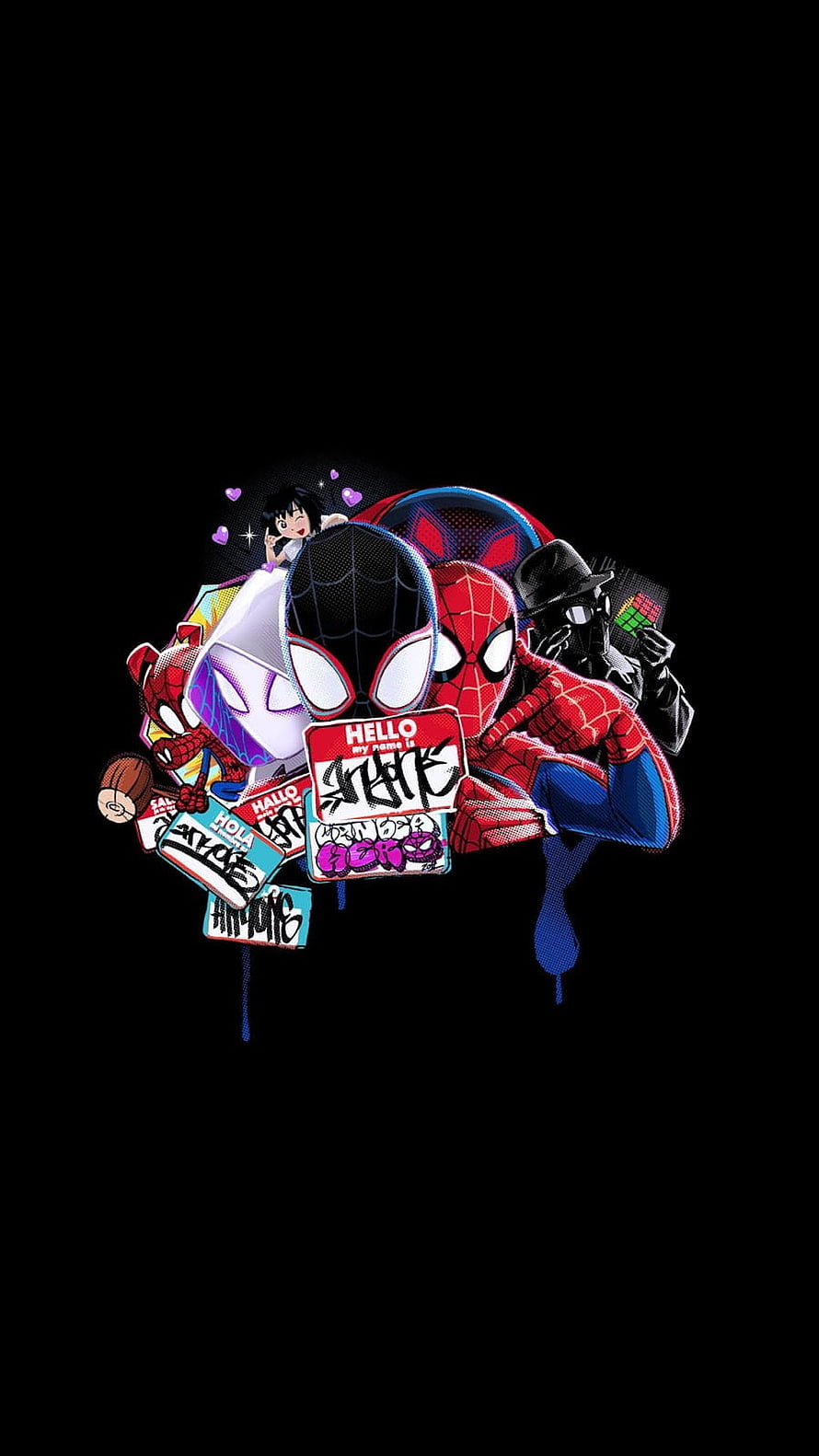 Spider-Verse Multiverse Character Collage on Black Background HD phone wallpaper