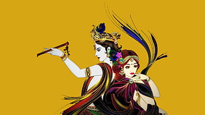 Lord Krishna and Radha Playing Flute in Traditional Indian Art Style HD wallpaper