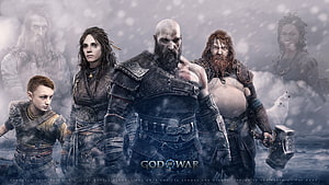 God of War Ragnarok Character Lineup Featuring Kratos, Atreus, Freya, and Thor in a Snowy Norse Landscape HD wallpaper