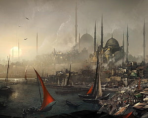 Atmospheric Ottoman Cityscape with Grand Mosque and Traditional Sailing Boats HD wallpaper