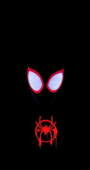 Miles Morales Spider-Man Mask Eyes and Spider Logo on Black Background, Miles Morales Logo HD phone wallpaper