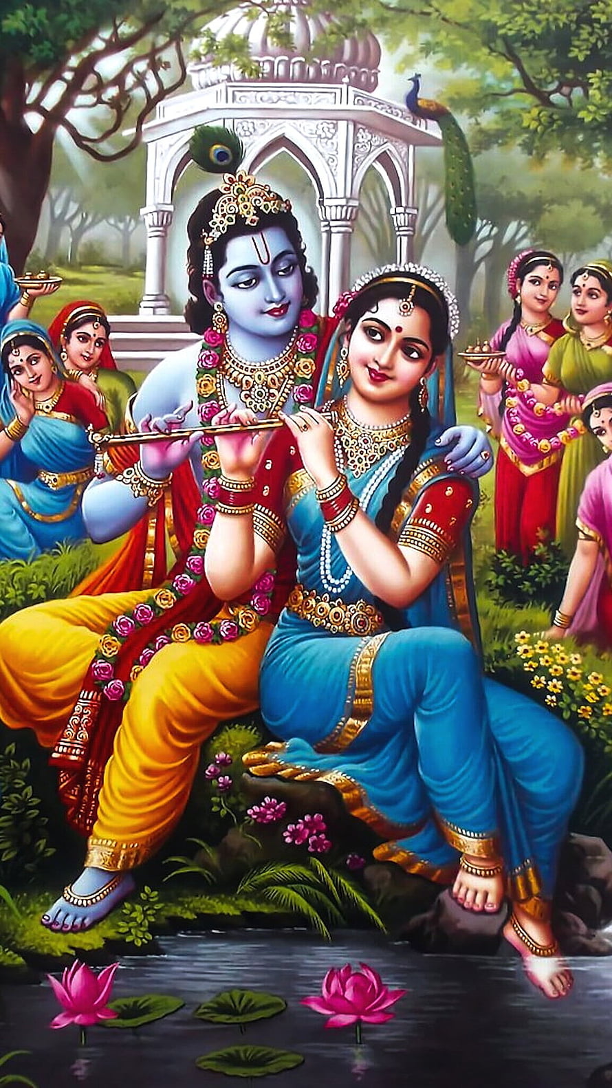 Radha Krishna Raslila: Divine Couple Playing Flute in a Lush Garden with Lotus Pond HD phone wallpaper