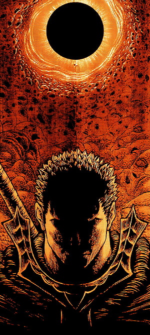 Berserk Guts Silhouette with Spiked Hair and Armor Under a Solar Eclipse HD phone wallpaper