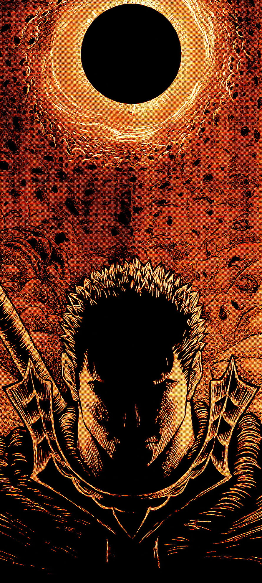 Berserk Guts Silhouette with Spiked Hair and Armor Under a Solar Eclipse HD phone wallpaper