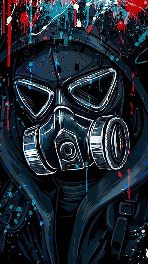 Dark Gas Mask Portrait with Red and Blue Paint Splatter HD phone wallpaper