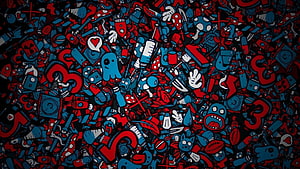 Dense Doodle Pattern with Red and Blue Cartoon Icons on Black Background HD wallpaper