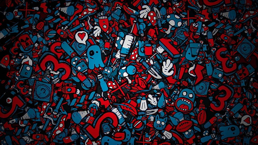 Dense Doodle Pattern with Red and Blue Cartoon Icons on Black Background HD wallpaper