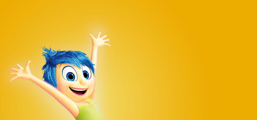 Joy from Inside Out with arms raised on a bright yellow background HD wallpaper