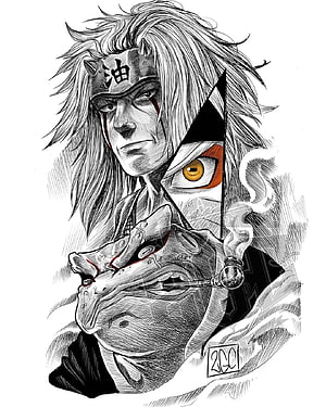 Jiraiya from Naruto in detailed black and white ink illustration with red accents HD phone wallpaper