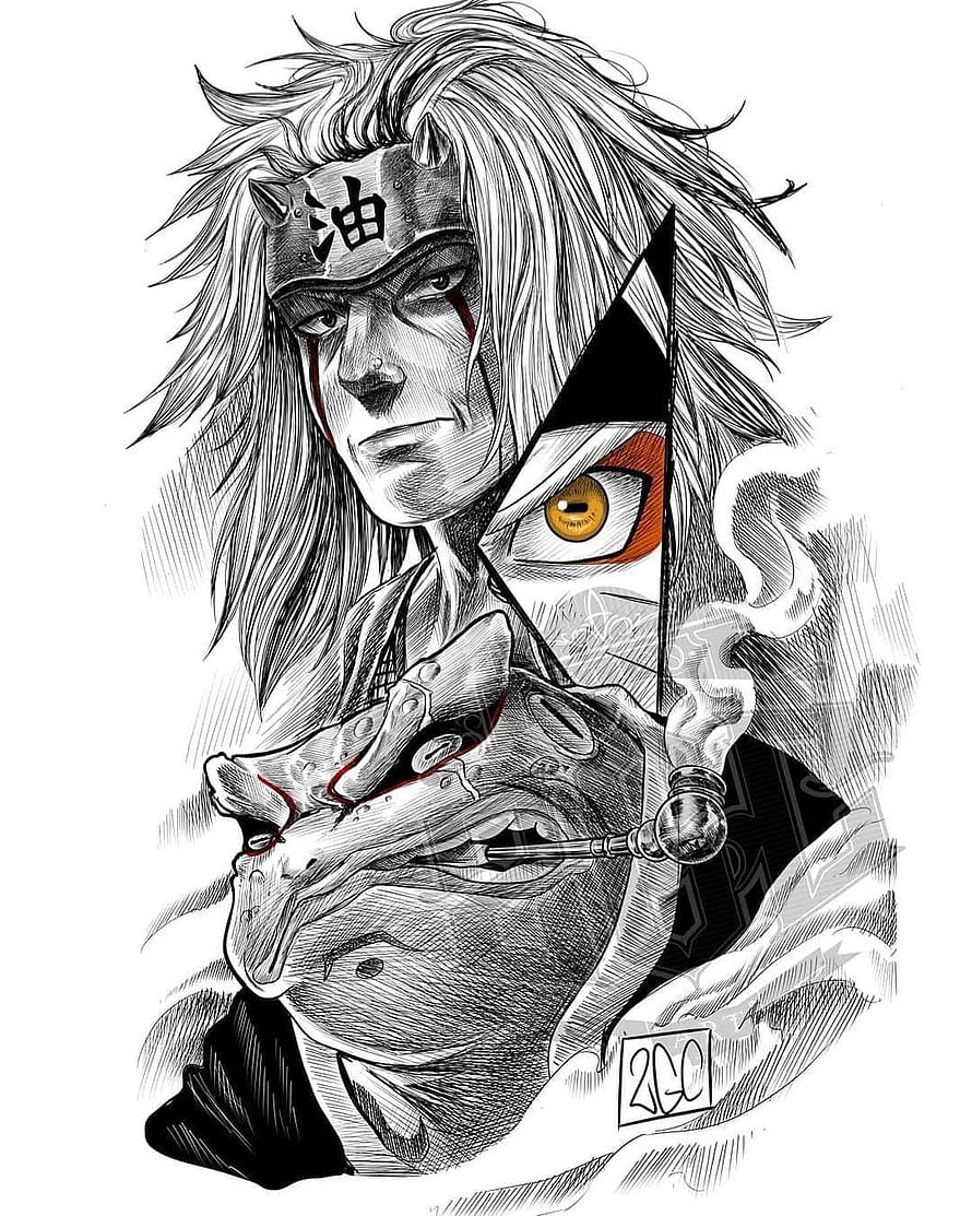 Jiraiya from Naruto in detailed black and white ink illustration with red accents HD phone wallpaper