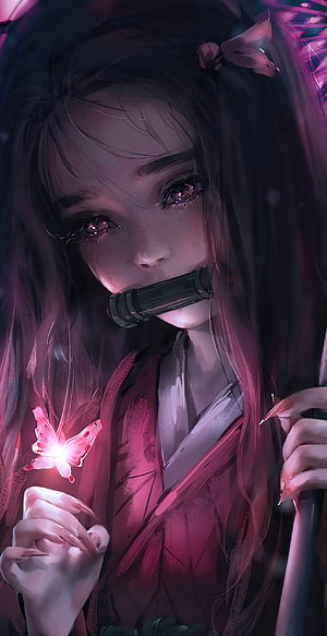 Gothic Anime Girl with Glowing Butterfly and Cybernetic Gag in Dark Pink Lighting HD phone wallpaper