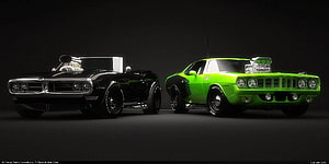 Classic American Muscle Cars: Black Convertible and Green Coupe with Superchargers HD wallpaper