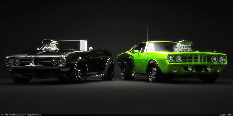Classic American Muscle Cars: Black Convertible and Green Coupe with Superchargers HD wallpaper