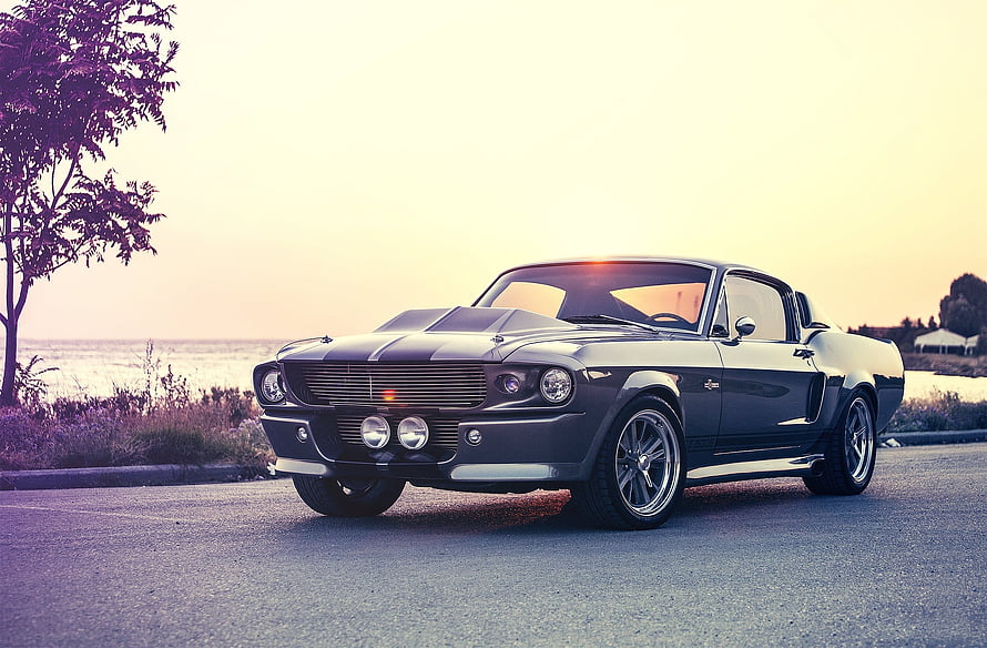 Black Ford Mustang Shelby GT500 Eleanor Classic Muscle Car at Sunset HD wallpaper