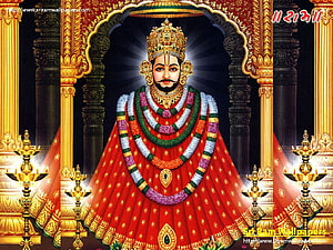 Khatu Shyam Ji Divine Portrait in Red Attire with Golden Temple Architecture HD wallpaper