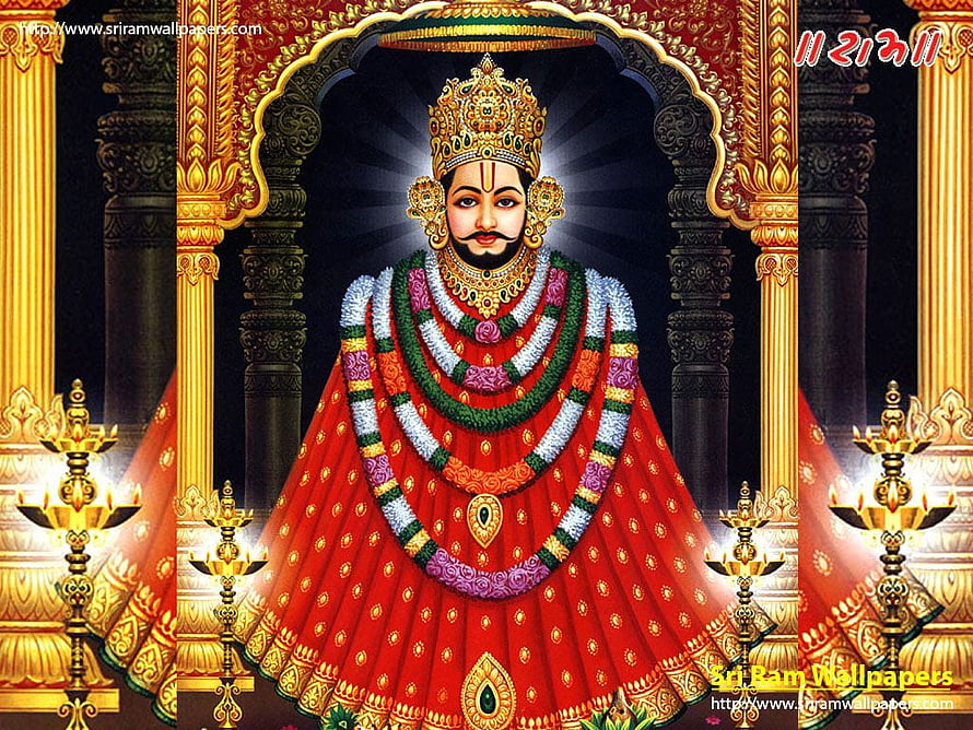 Khatu Shyam Ji Divine Portrait in Red Attire with Golden Temple Architecture HD wallpaper