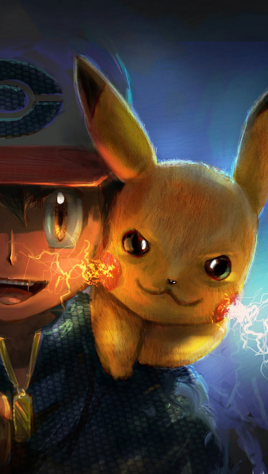 Ash Ketchum and Pikachu Digital Artwork with Electric Energy HD phone wallpaper