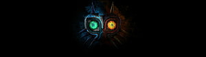 Legend of Zelda Dual Mask Artwork with Glowing Green and Orange Eyes on Dark Background HD wallpaper