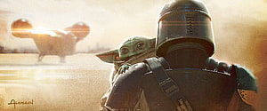 The Mandalorian and Grogu in a Dusty Desert Landscape with Speeder Bike HD wallpaper