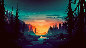 Stylized Digital Art of a Serene Forest Valley at Sunset with a Winding River HD wallpaper
