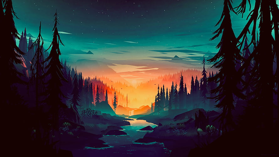 Stylized Digital Art of a Serene Forest Valley at Sunset with a Winding River HD wallpaper