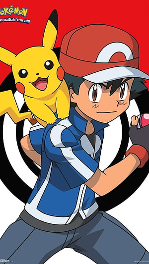 Ash Ketchum and Pikachu in Dynamic Action Pose with Red Background HD phone wallpaper