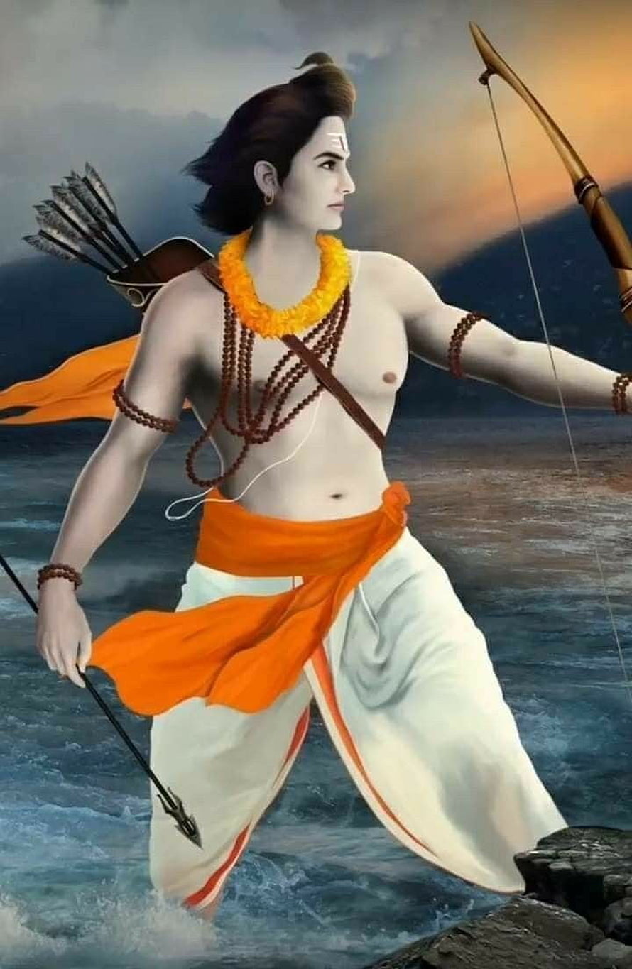 Lord Rama Archery Artwork with Bow and Arrows in River HD phone wallpaper