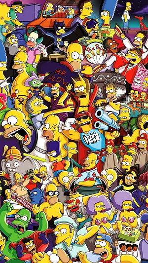 The Simpsons Doodle Art Featuring Homer, Bart, Marge, and a Crowd of Iconic Characters in a Vibrant Chaotic Scene HD phone wallpaper